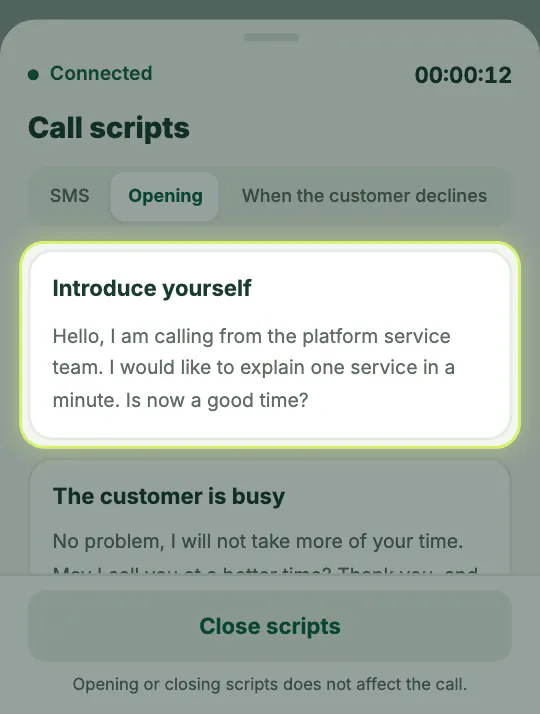 The screen for this step: What to say